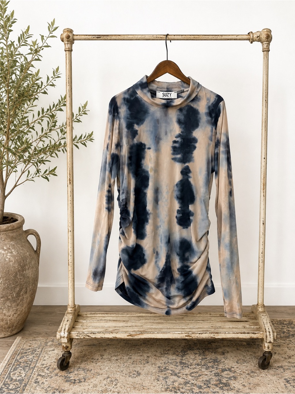 Navy and Beige Tie-Dye Long Sleeve Top
